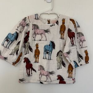 Pink Chicken White Horse Print Puff Sleeve Top